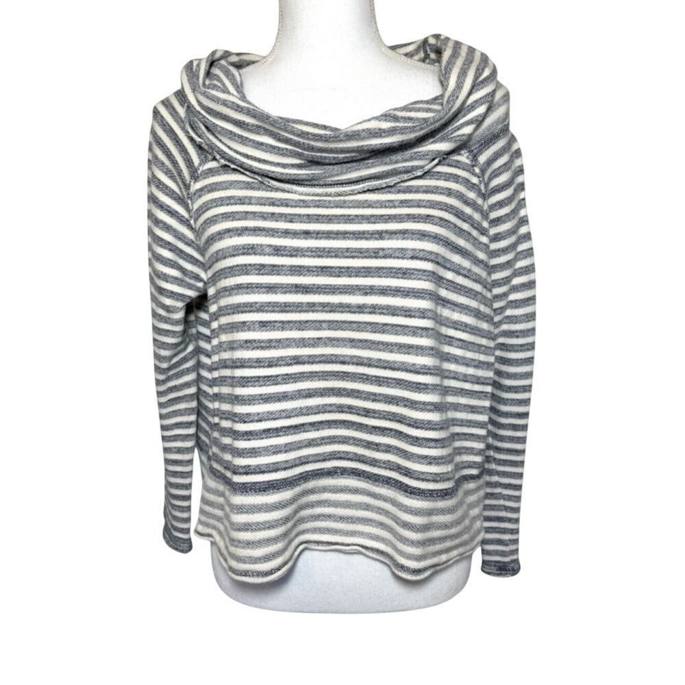 Free People Striped Cowl Neck Sweater Navy Blue Cream Women Small 100% Cotton